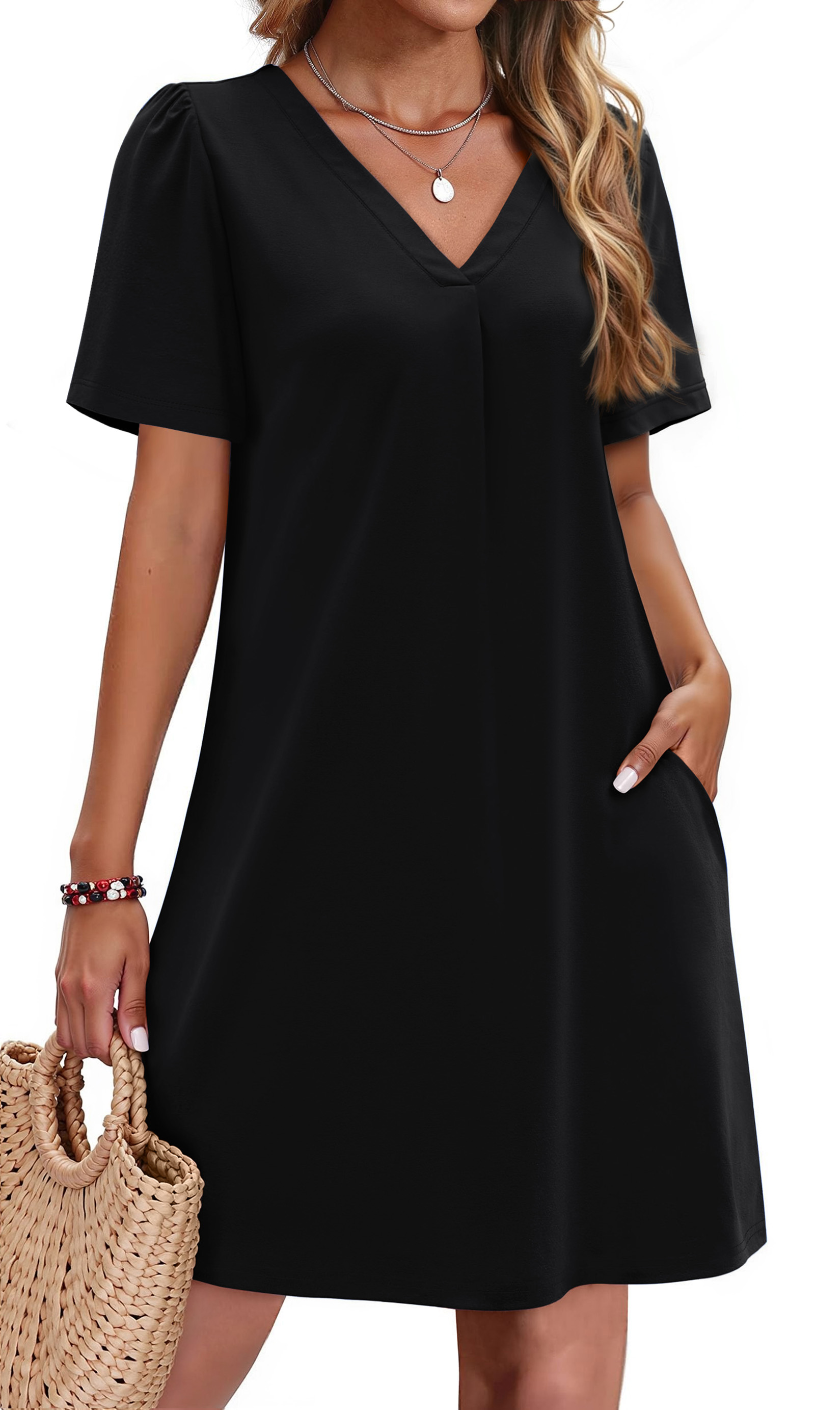 Fantaslook Summer Dresses for Women Short Sleeve V Neck Casual Shift Dress with Pockets