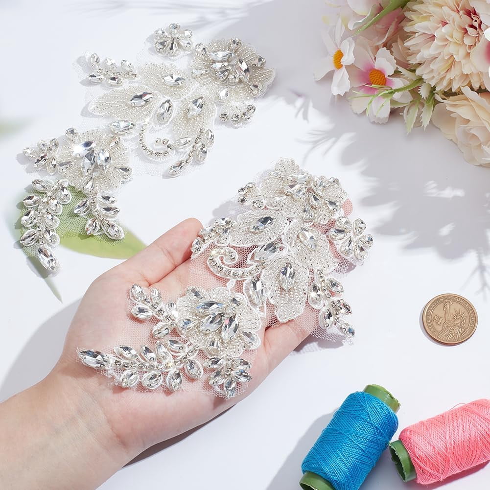2Pcs Rhinestone Lace Applique Sparkling Rhinestone Iron on Wedding Applique Patches for Bridal Dress Decoration Handmade Sewing on Neckline Embroidery Applique for DIY Costume Dress Clear