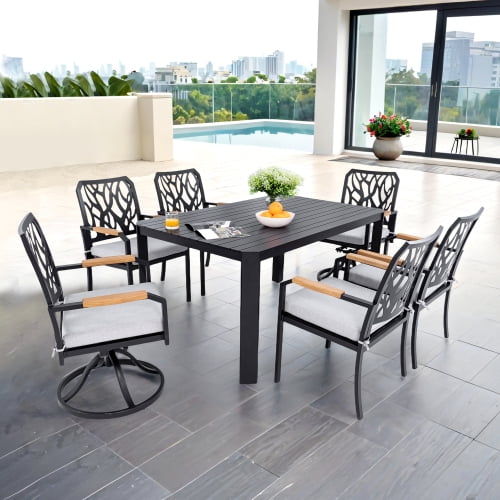 taoruifang 7-Piece Aluminum Patio Dining Set with 4 Dining Chairs and 2 Swivel Rockers with Sunbrella Fabric Cushioned,Rectangular Table with Umbrella Hole