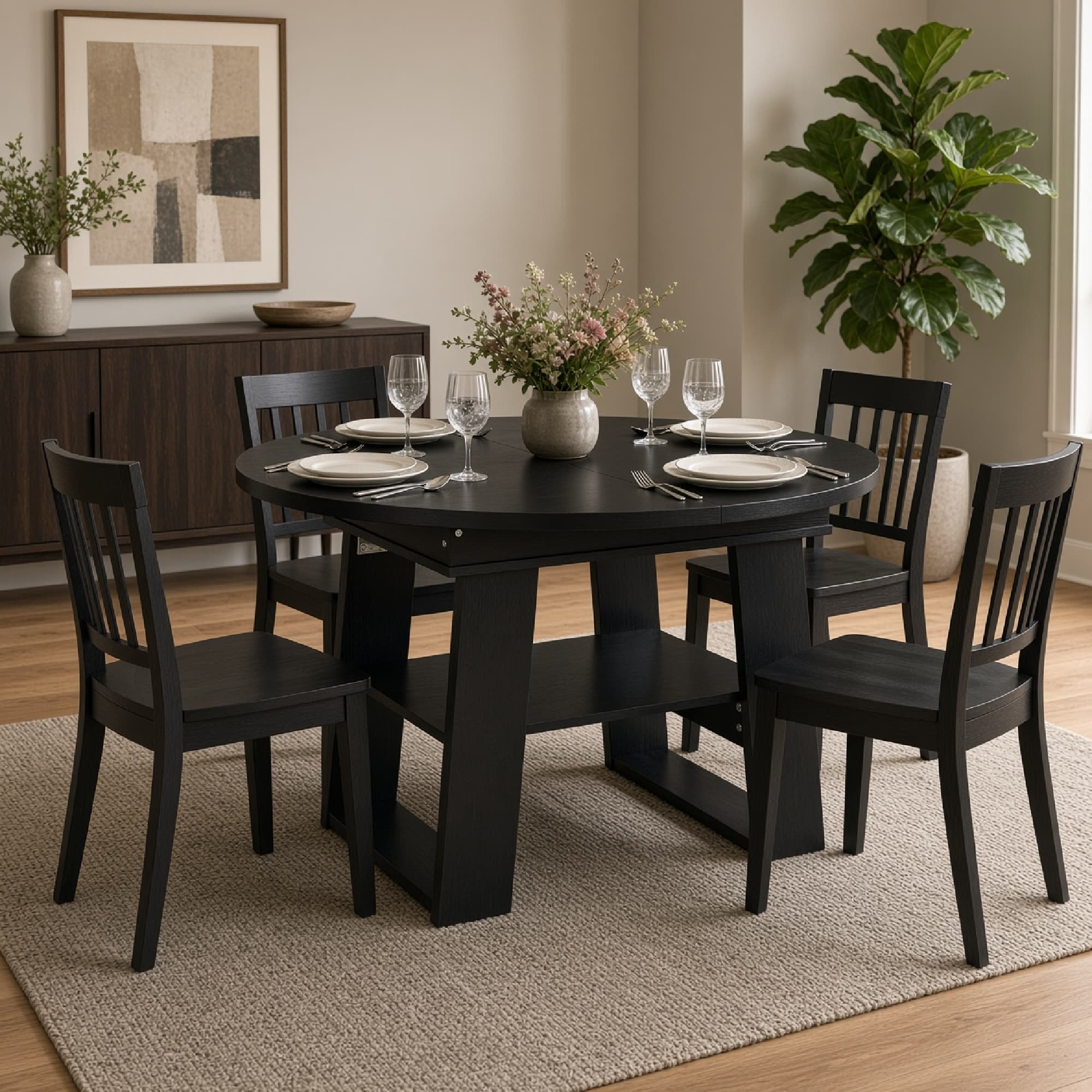 Extendable Dining Table Round to Oval Kitchen Table with Butterfly Leaf Seats 4-6 Storage Shelf & H-Shaped Base for Small Space Black