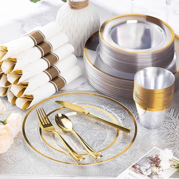 Goodluck 350 Piece Gold Plastic Dinnerware Set for Party, Clear Disposable Plates for 50 Guests, Include: 50 Dinner Plastic Plates, 50 Dessert Plates, 50 Pre Rolled Napkins with Cutlery Set, 50 Cups