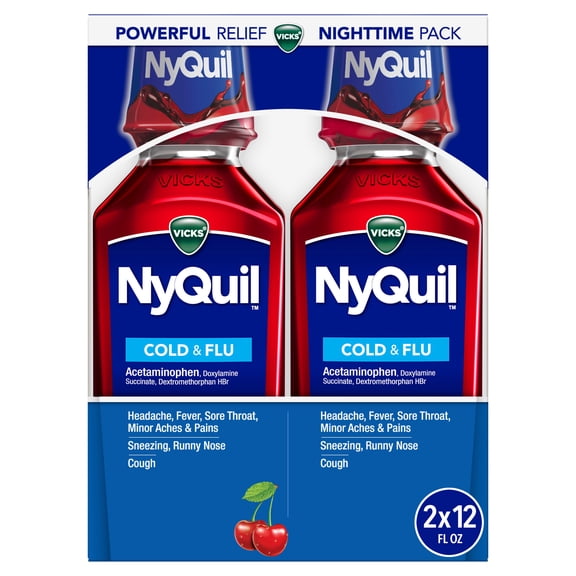 Vicks NyQuil Cold and Flu Medicine, 2x12 fl oz Twin Pack, Cherry Flavor