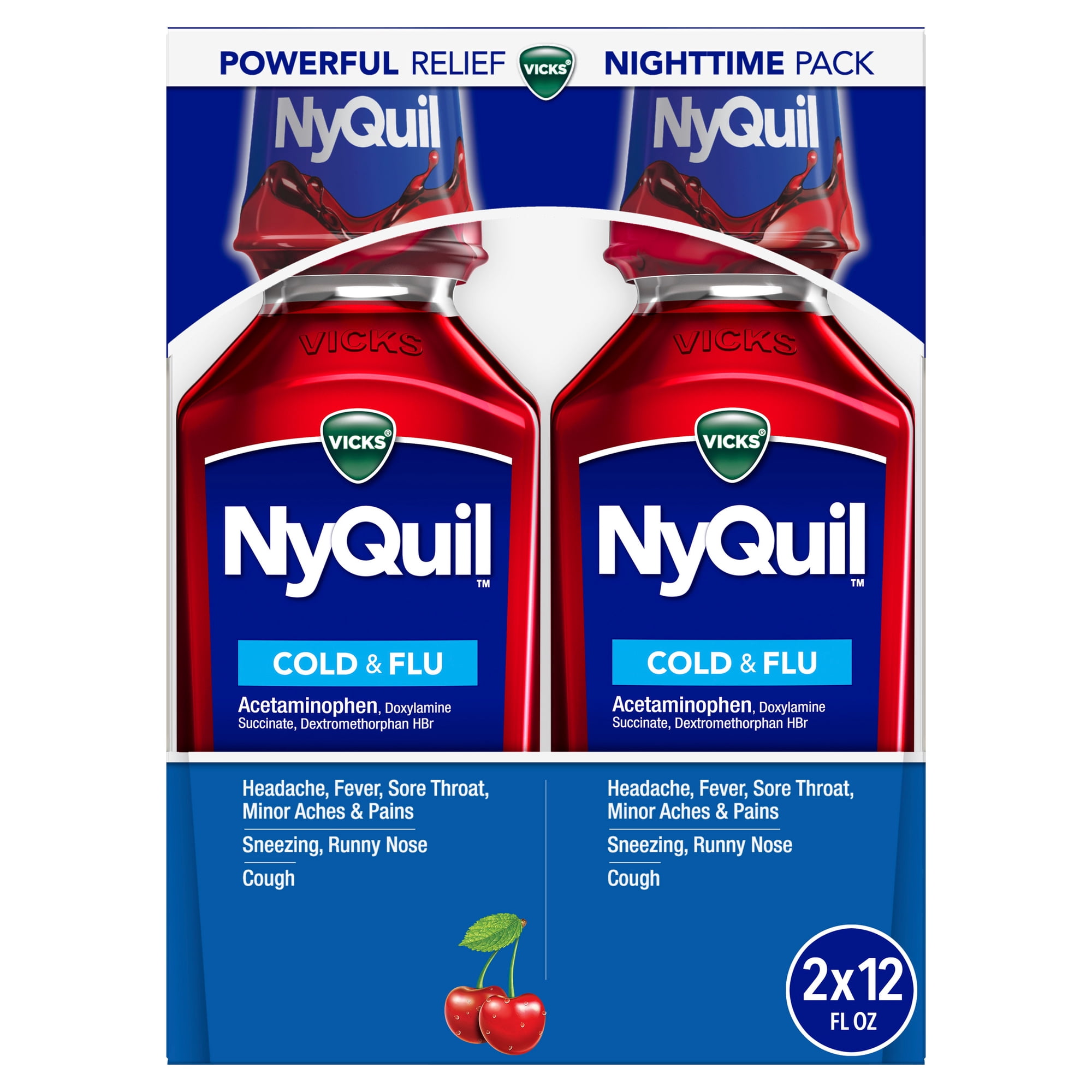 Vicks NyQuil Cold and Flu Medicine, 2x12 fl oz Twin Pack, Cherry Flavor