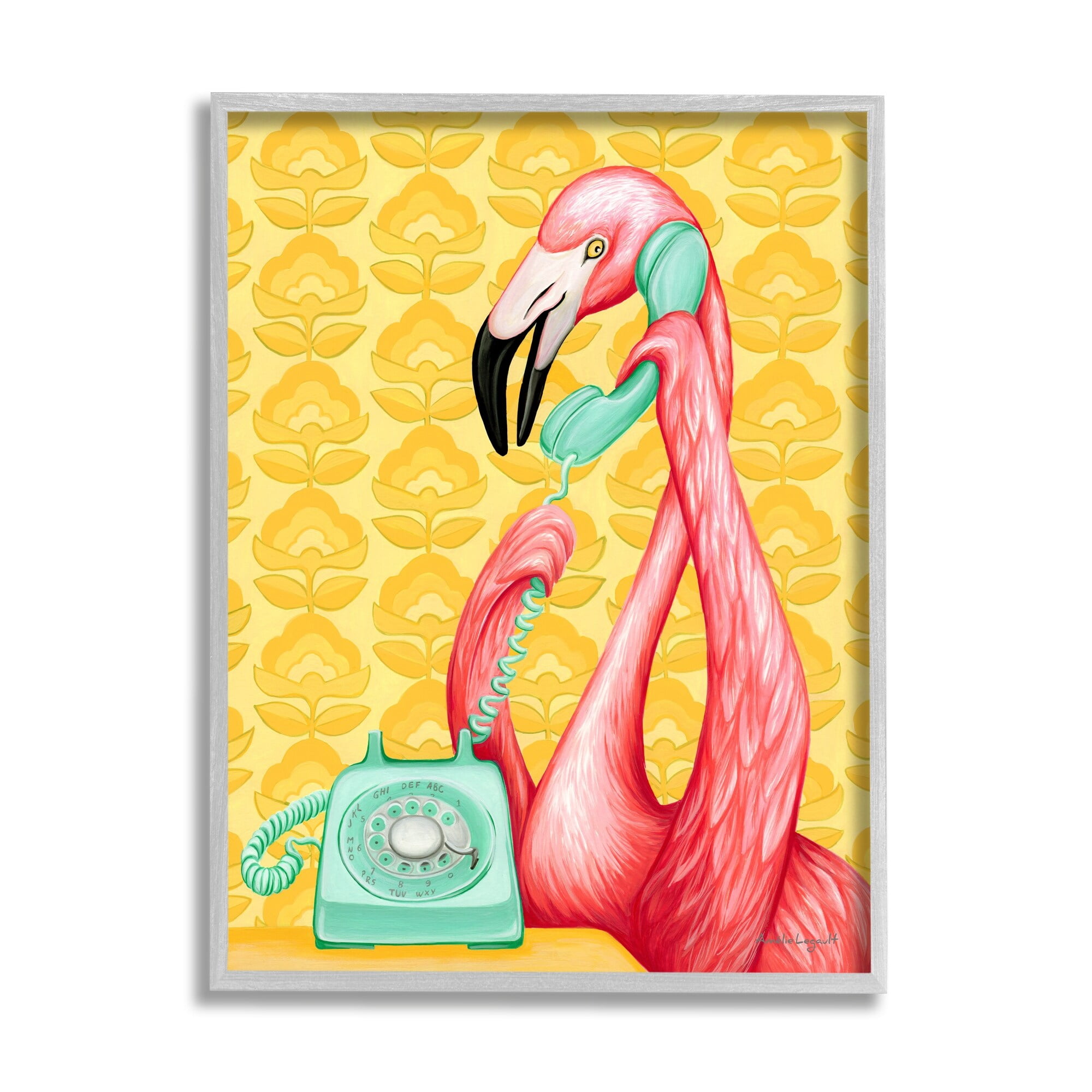 Stupell Industries Flamingo Calling Dial Telephone Groovy Flowers Wallpaper Graphic Art Gray Framed Art Print Wall Art, Design by Amelie Legault