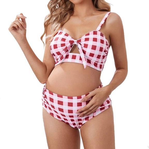 Gyujnb Plaid Maternity High Waist Bikini Front Bow Cutout Adjustable Straps Elastic Support Two Piece Swimwear for Beach Pool,M