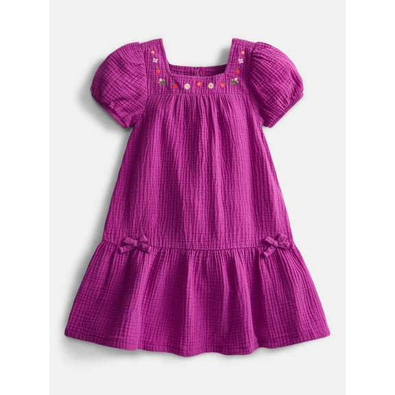 Wonder Nation Toddler Girls' Embroidered Cotton Play Dress with Short Puff Sleeves, Sizes 12M-5T