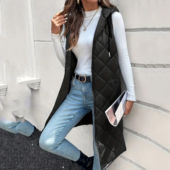 Dazajoo Womens Long Puffer Vest with Hood Sleeveless Zip Up Jackets with Pockets Lightweight Winter Warm Outerwear,Black,M