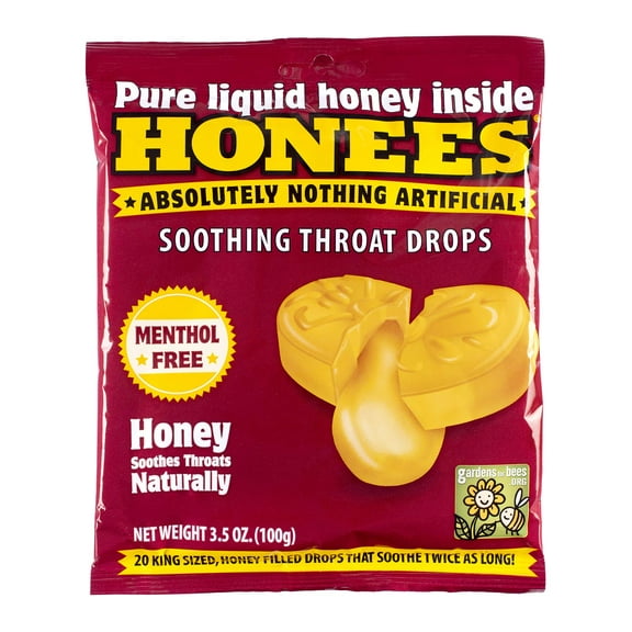 Honees Honey Filled Cough Drops - 20-Piece Single Pack Menthol-Free Lozenges | Temporary Relief from Cough | Soothes Sore Throat | All Natural