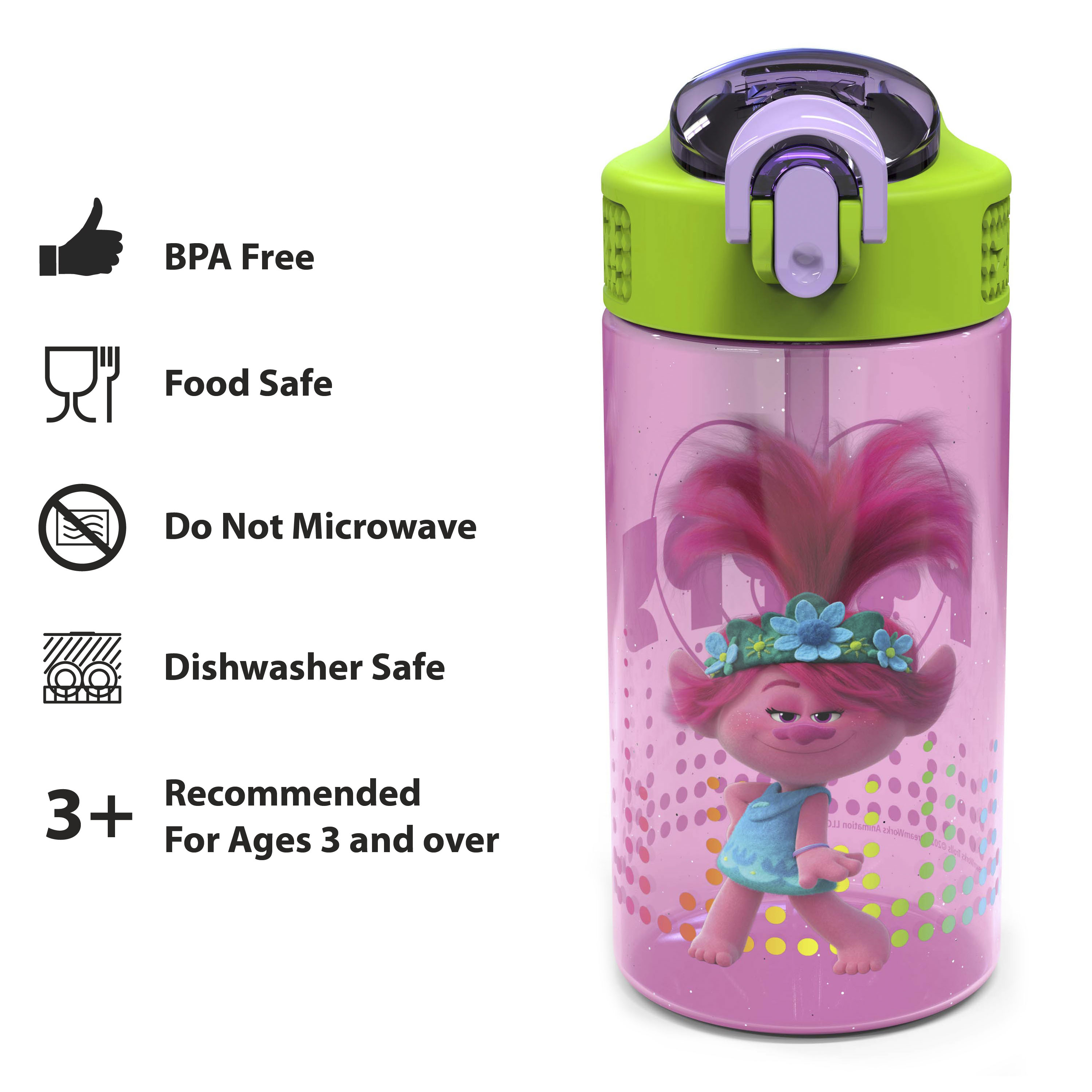 Zak Designs 16 oz Pink, Purple and Green Plastic Water Bottle with Straw and Wide Mouth Lid - image 4 of 8