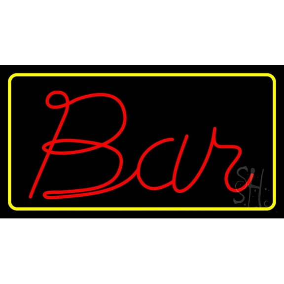 Red Bar With Yellow Border LED Neon sign 20 x 37 - inches, Black Square Cut Acrylic Backing, with Dimmer - Bright and Premium built indoor LED Neon Sign for Bar decor.