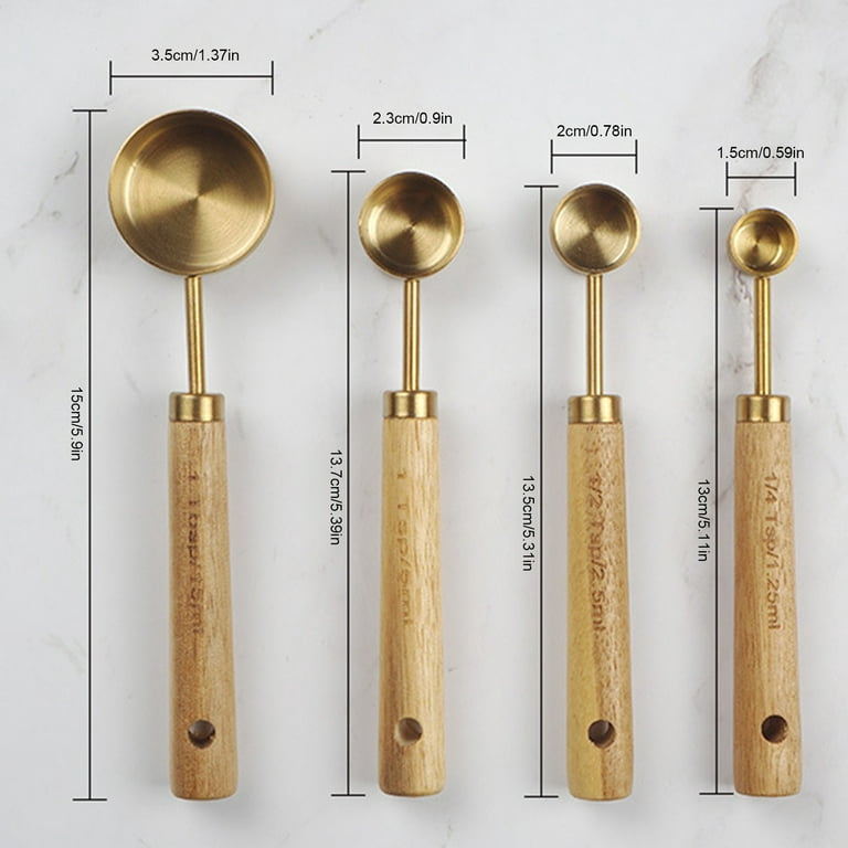 Measuring Spoons Set of 4, Wood Handle with Metric and US Measurements,  Premium Stainless Steel, Golden Polished Finish, Dry & Liquid Measuring  Cup