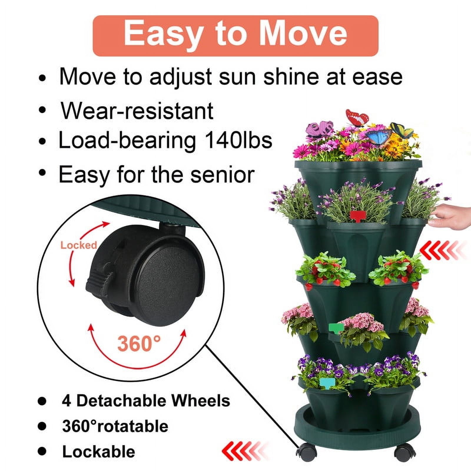 2 Pack of 5 Tier Stackable Planter Vertical Garden With Various Accessories for Vegetables, Flowers, Herbs, Succulents, Microgreen Gardening - Green