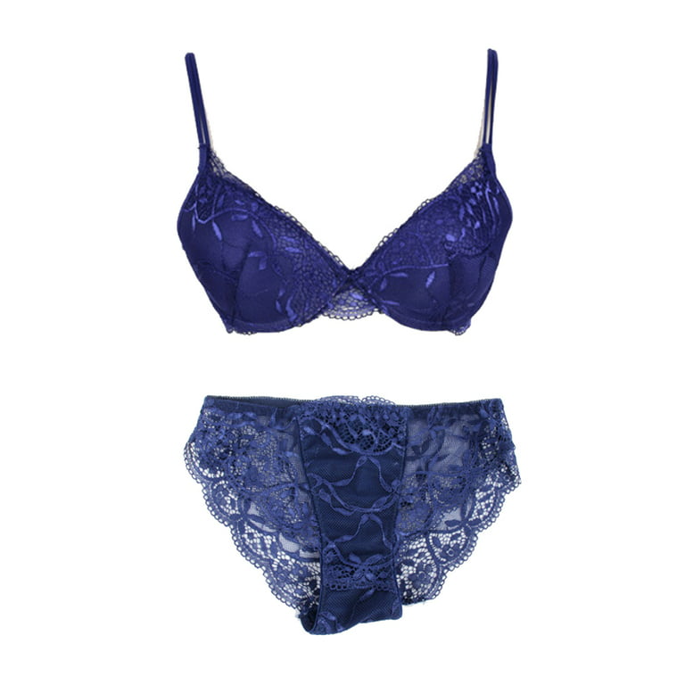New Women Cute Sexy Underwear Satin Lace Embroidery Bra Sets With Panties  Blue B36 