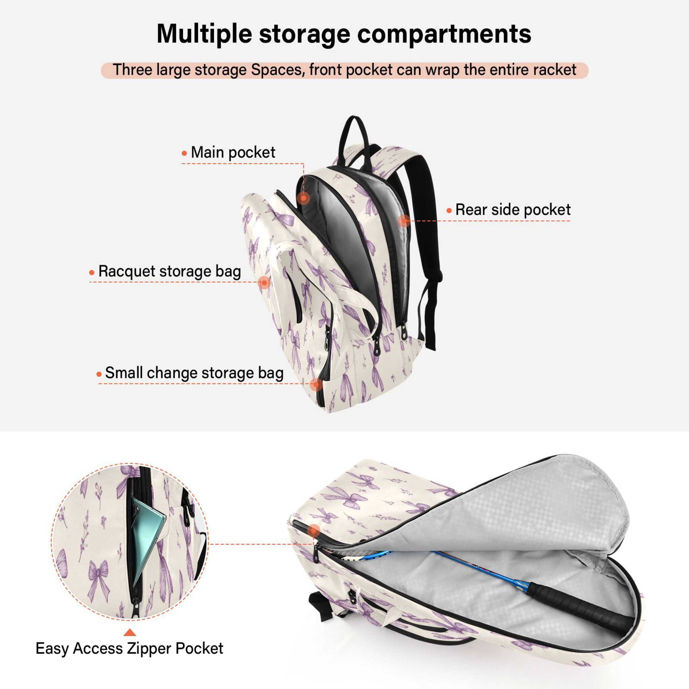 2 Racquet Holder Tennis Backpack Tennis Racket Covers Gym Bags Pastel Lavender Bows