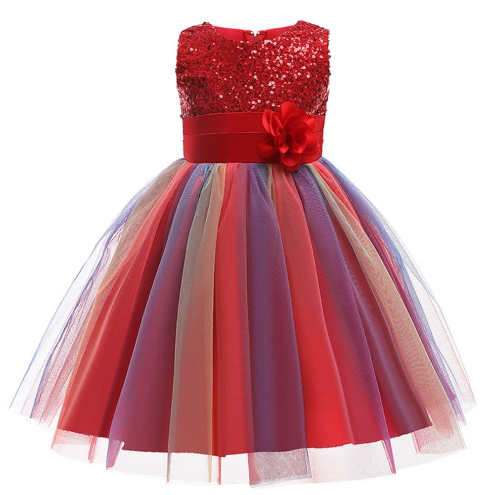 SYNPOS 310T Kids Girls Flower Princess Sequin Rainbow Dress Birthday