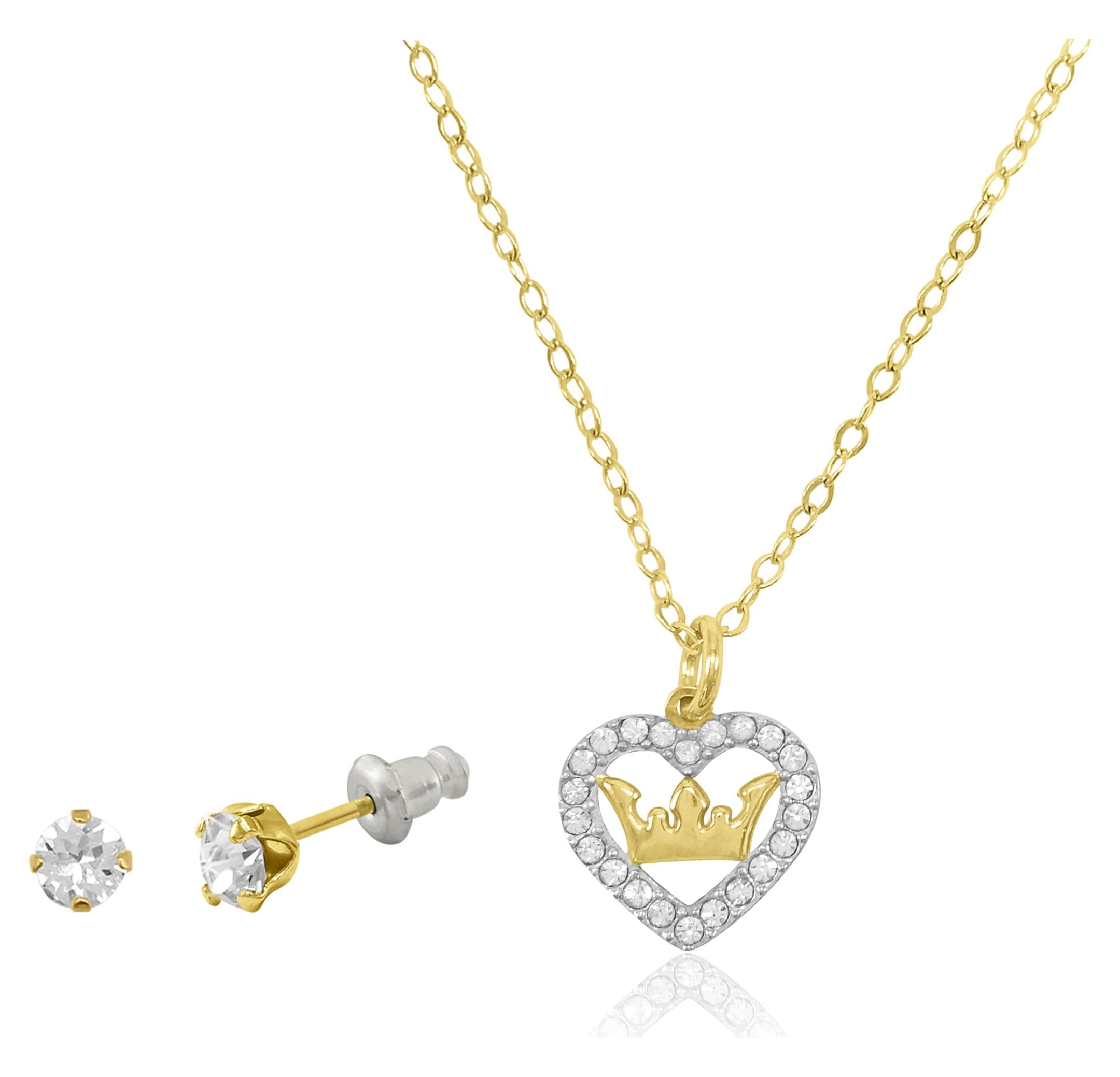 Brilliance Fine Jewelry 14K Gold Plated Sterling Silver Crystal Heart Necklace & Studs Children’s Set