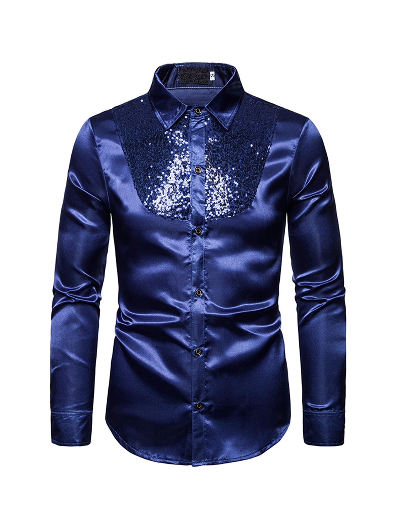 ZEROYAA Mens Disco Shiny Sequin Design Silk Like Satin Dress Shirts for Party 
