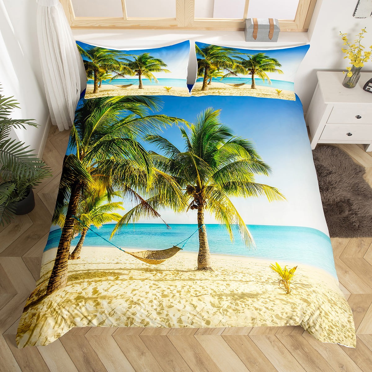 Coastal Palm Tree Duvet Cover King Size, Summer Hawaiin Style Comforter Cover, Ocean Beach