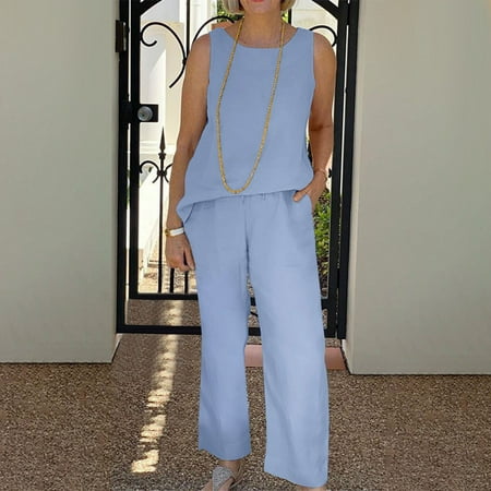 

Woman Clothing Clearance Under $5 AXXD 2PC Solid Sleeveless Blouse Loose Pockets Pants Sets Scrub Pants For Women Sky Blue 10