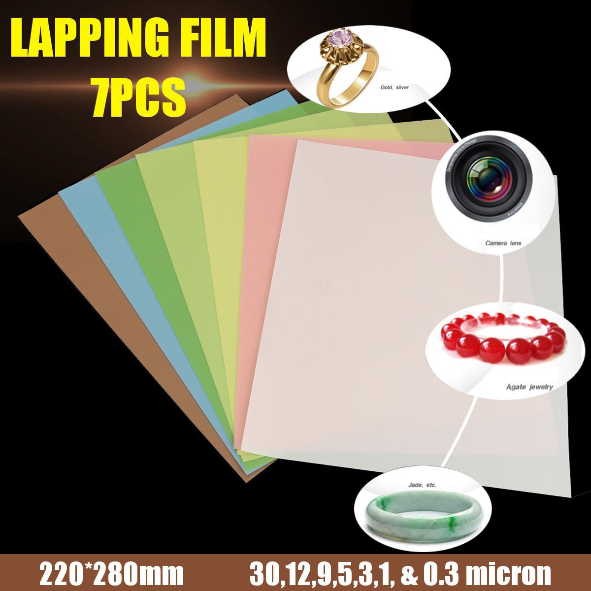 7Pcs 8.7x11'' Lapping Film Sheets Assortment 30,12,9,5,3,1,0.3 7 Colors 