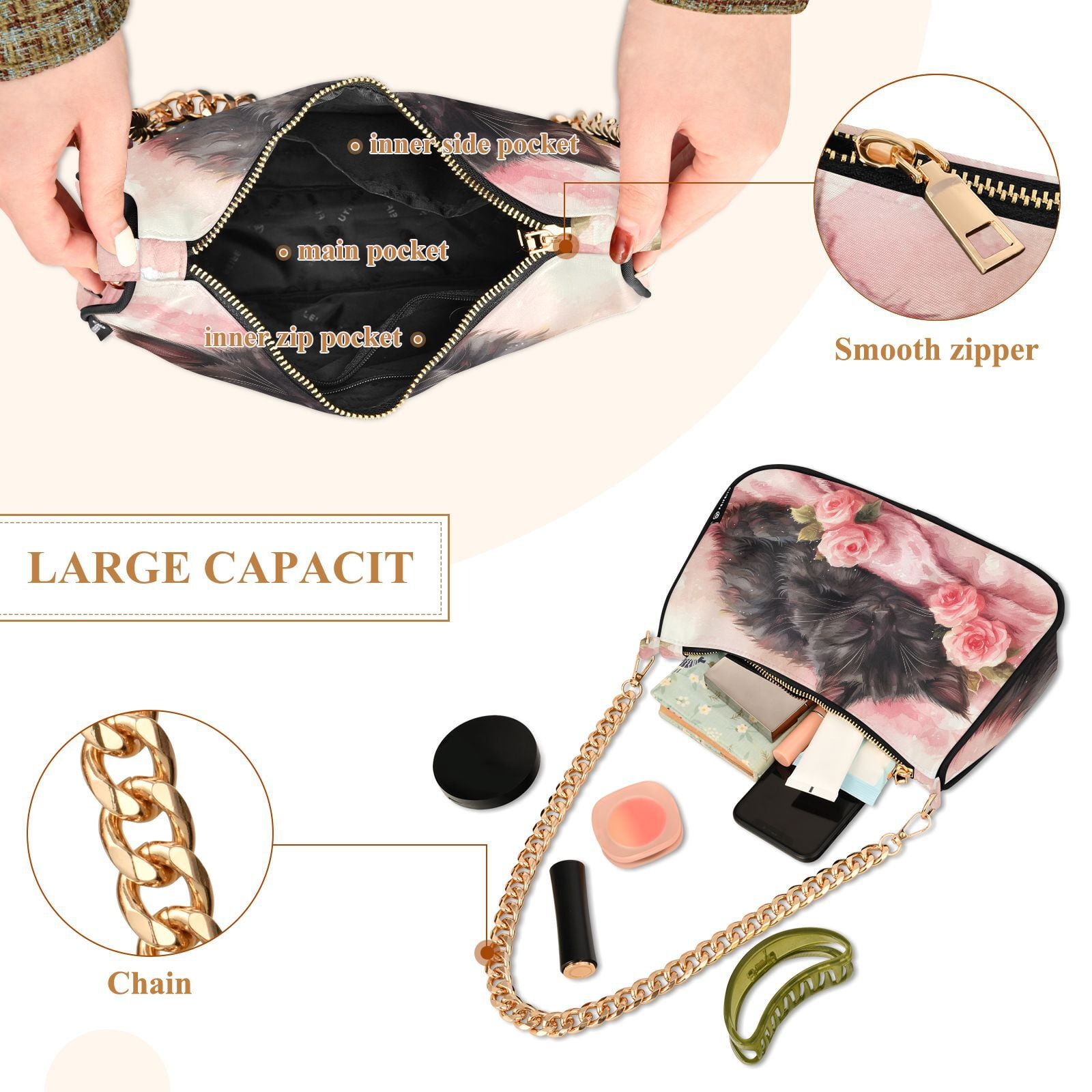 Cat FlowersWomen Small Shoulder Bag Crossbody Tote Hobo Bags Purse Clutch Handbags with Chain Strap for Women