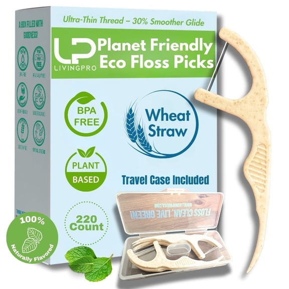 Plant Based Naturally Mint Infused Floss Picks(220pcs) with Travel Case | Biodegradable Straw Wheat Handle | Thin Single Thread Flosser, Shred-Resistant- Easy Glide for Plaque Removal & Gentle on Gum