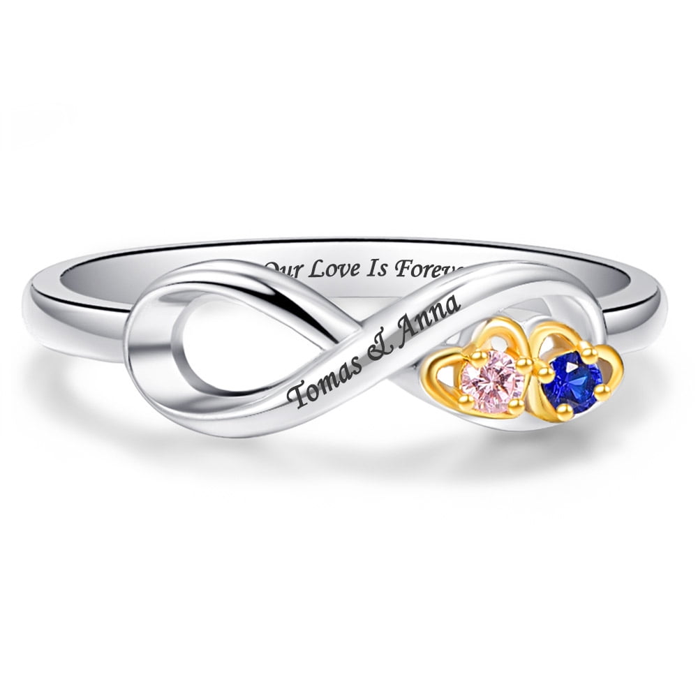 Personalized Anniversary Promise Ring for Women 925 Sterling Silver Custom Rings with 2 Names and 2 Simulated Birthstones