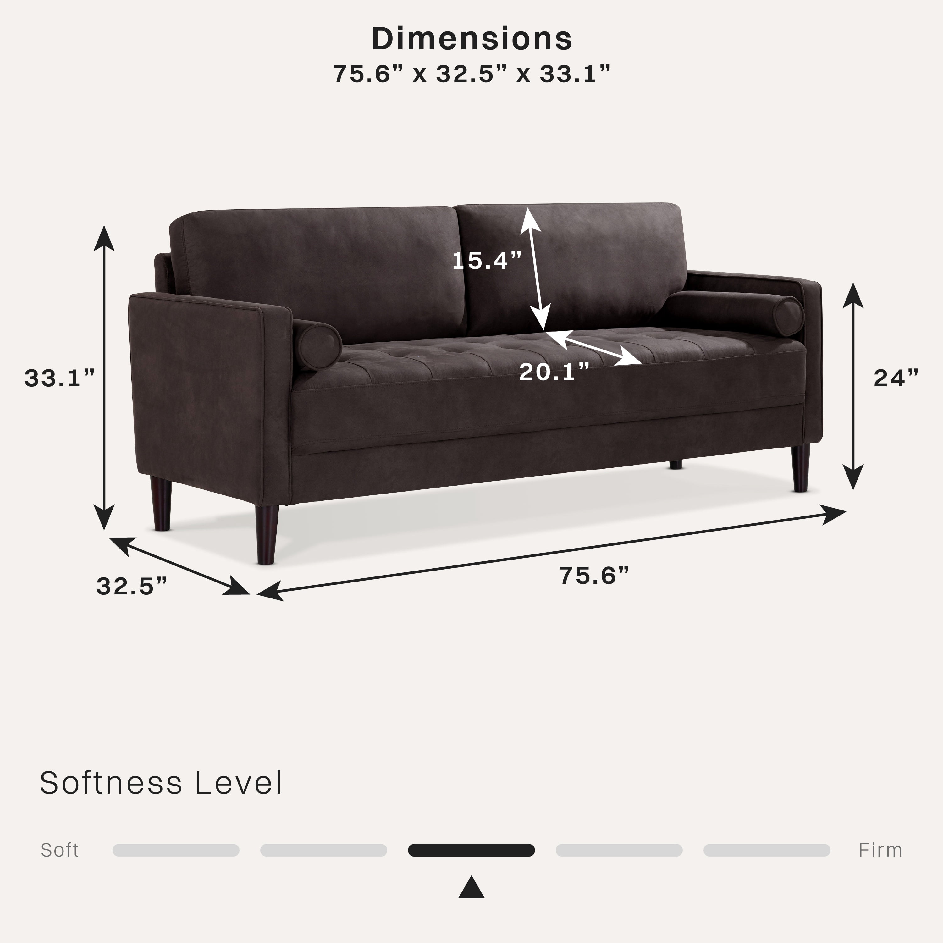 Studio Living Lorelei Mid-Century Modern Sofa, Charcoal Faux Leather
