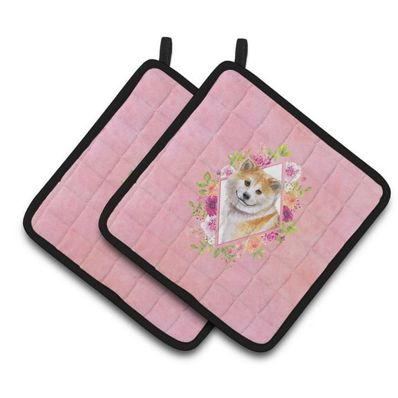 Carolines Treasures CK4183PTHD Shiba Inu Pink Flowers Pair of Pot Holders 7.5HX7.5W multicolor