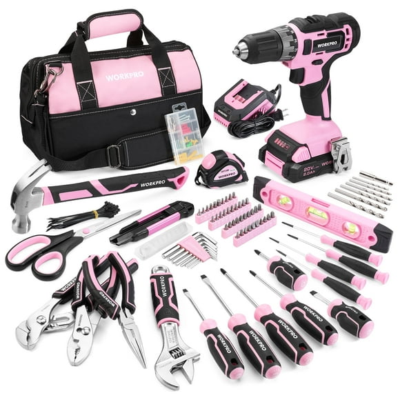 Kit de herramientas WORKPRO Pink con taladro inalámbrico de 20 V, 157 unidades, más bolsa
