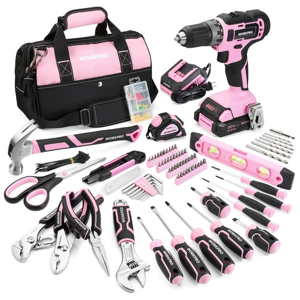 Kit de herramientas WORKPRO Pink con taladro inalámbrico de 20 V, 157 unidades, más bolsa