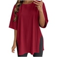 thumbnail image 3 of Swuxness Women Short Sleeve Casual T Shirts, Spring and Summer Long Tops, Ladies Crew Neck Solid Color Fashion Comfortable Loose Pullover Tee Red, XL, 3 of 5