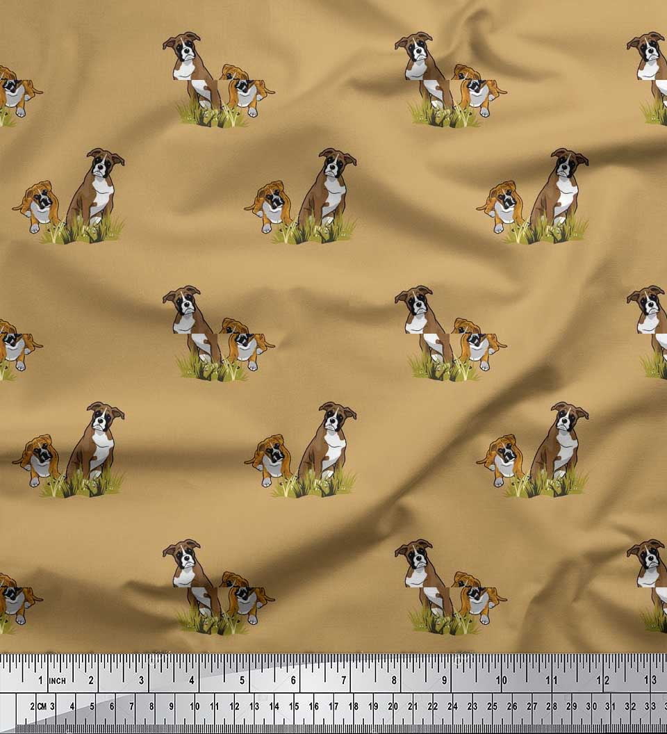 Soimoi Polyester Crepe Fabric Grass & Boxer Dog Print Fabric by The