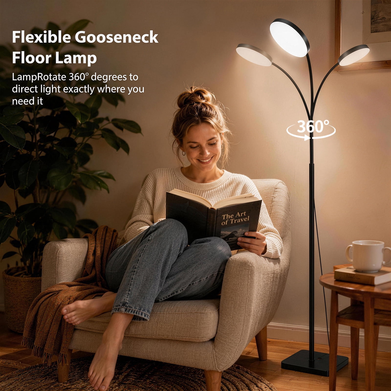Gaormii Adjustable Height LED Floor Lamp, 3 Colors and 10 Brightness Dimmable Standing Lamp for Living Room Bedroom Office, Black