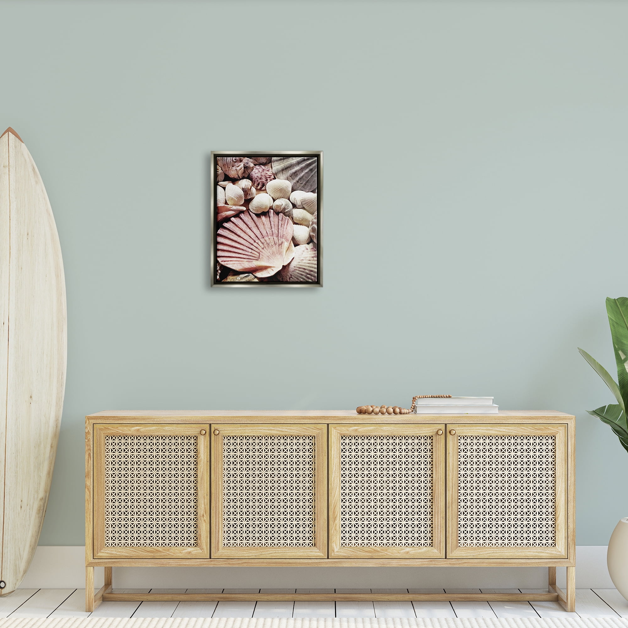 Stupell Stacked Coastal Seashells Landscape Photography Gray Floater Framed Art Print Wall Art