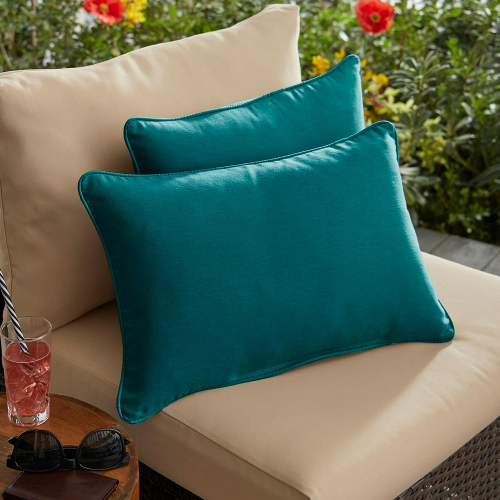 Set of 2 Teal Blue Corded Indoor and Outdoor Lumbar Pillow, 20