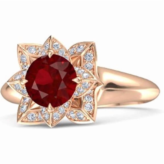 Elegant Lotus Flower Round Cut Red Ruby Birthstone Wedding Engagement Ring For Women In 925 Sterling Silver 14K Rose Gold Plating
