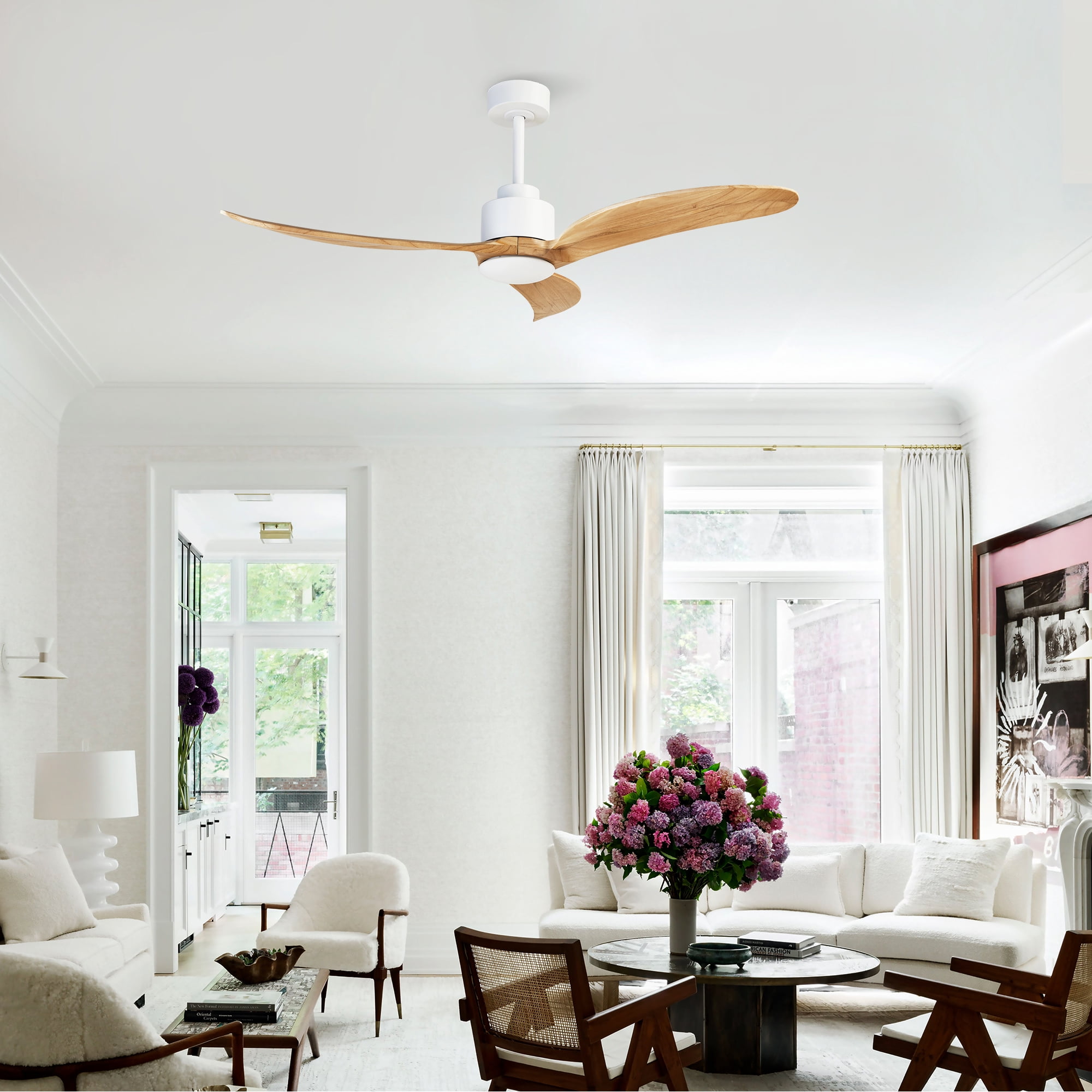 Ceiling Fan with Light, 52 Inch Solid Wood Blade Fan for Home Living Room Indoor Decor, White Wood