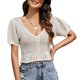 thumbnail image 1 of Top de punto calado para mujer, manga corta abombada, sin espalda, cuello en V, Top de punto a la moda para fiesta diaria, trabajo Beige L, 1 of 6