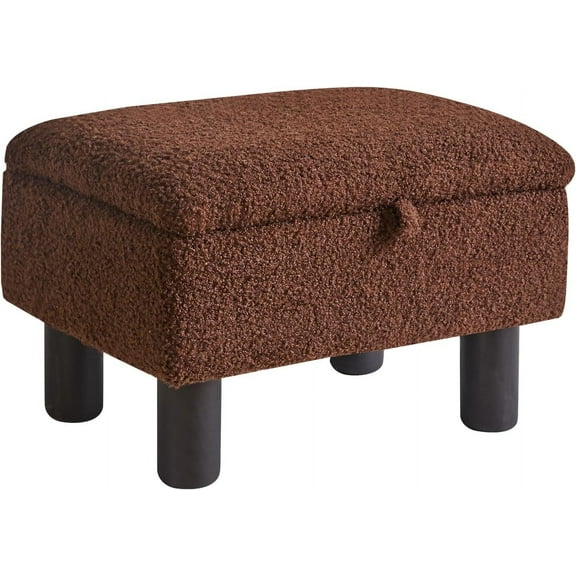 Small Foot Stool Ottoman with Storage, Teddy Velvet Foot Rest with Wood Legs and Safety Hinge Flip Top, Bedside Step Stool Rectangle 16x12x9.5inch for Living Room Bedroom Teddy Brown