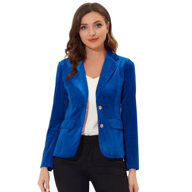 Chaqueta de terciopelo de oficina frontal con botón de solapa con muesca vintage para mujer Azul Real M