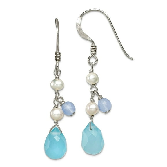 925 Sterling Silver Shepherd hook White Dyed Jade Agate Blue Freshwater Cultured Pearl Earrings 39x7mm Wide Stud Earring