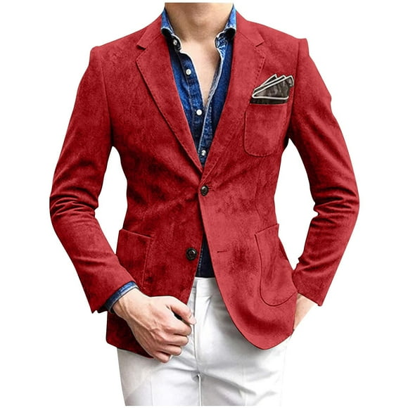 Xysaqa Men's Vintage Suede Suit Blazer Jacket Mens Fashion Casual Work Wear Sport Coat 2 Button Slim Fitted Long Sleeve Blazer Jackets for Men Red