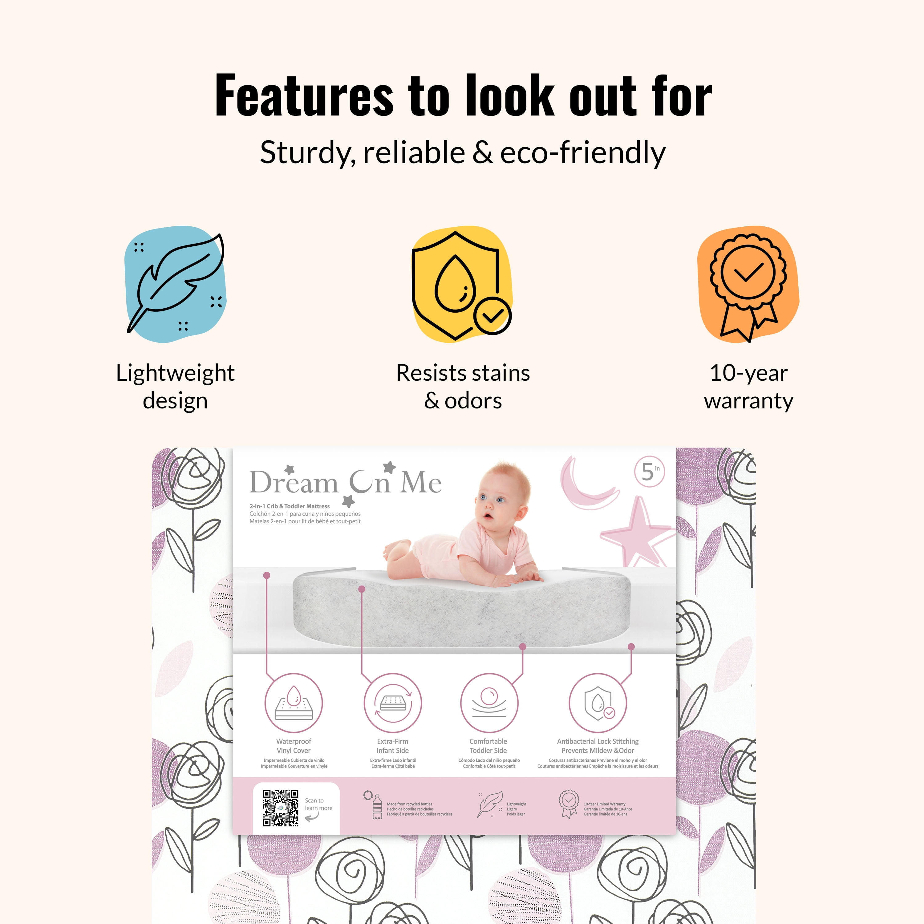 Dream on Me Joyful Blooms Breathable Foam Crib & Toddler Mattress In Rose Pink