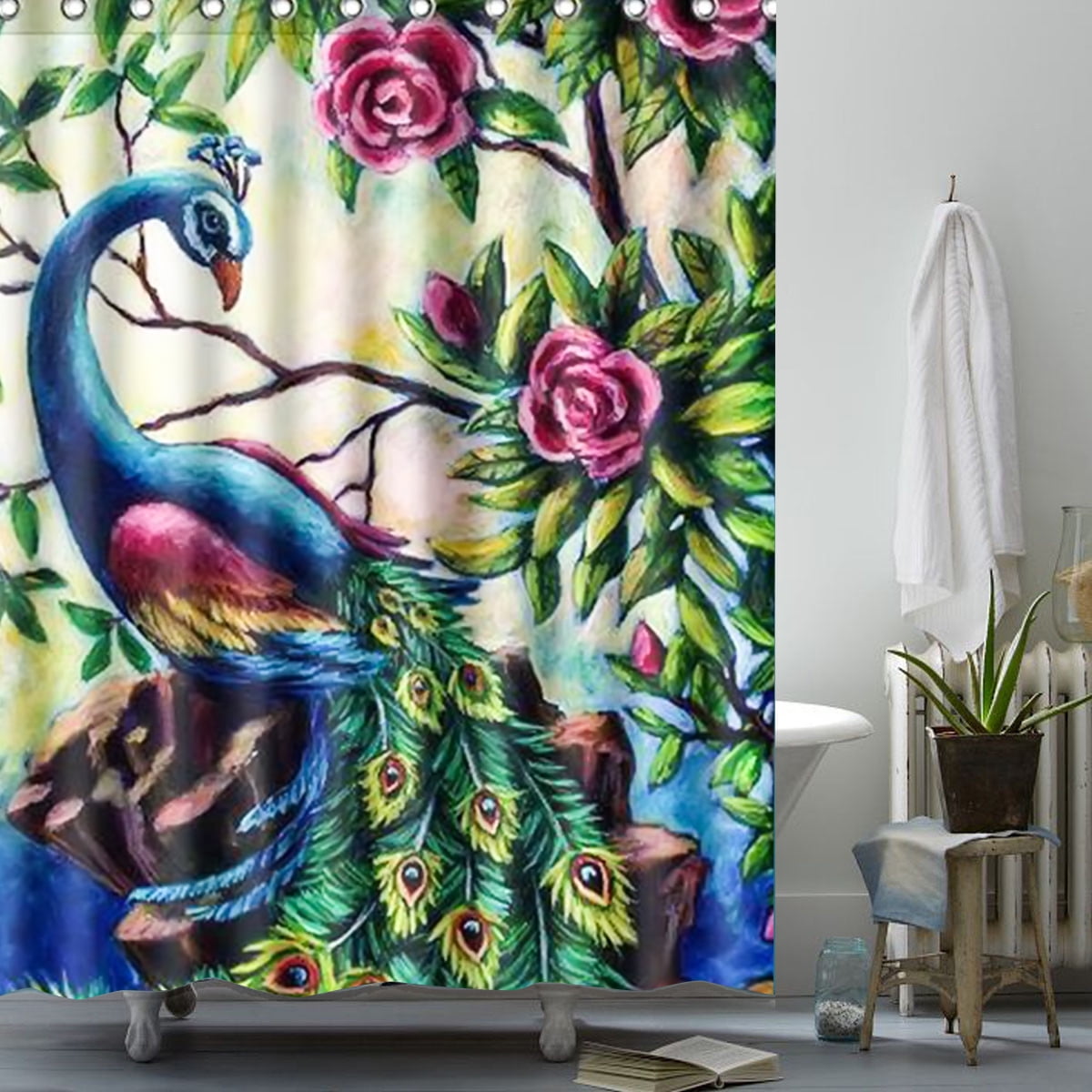 Peacock Open Tail Waterproof Fabric Home Decor Liner Shower Curtain Bathroom Mat 