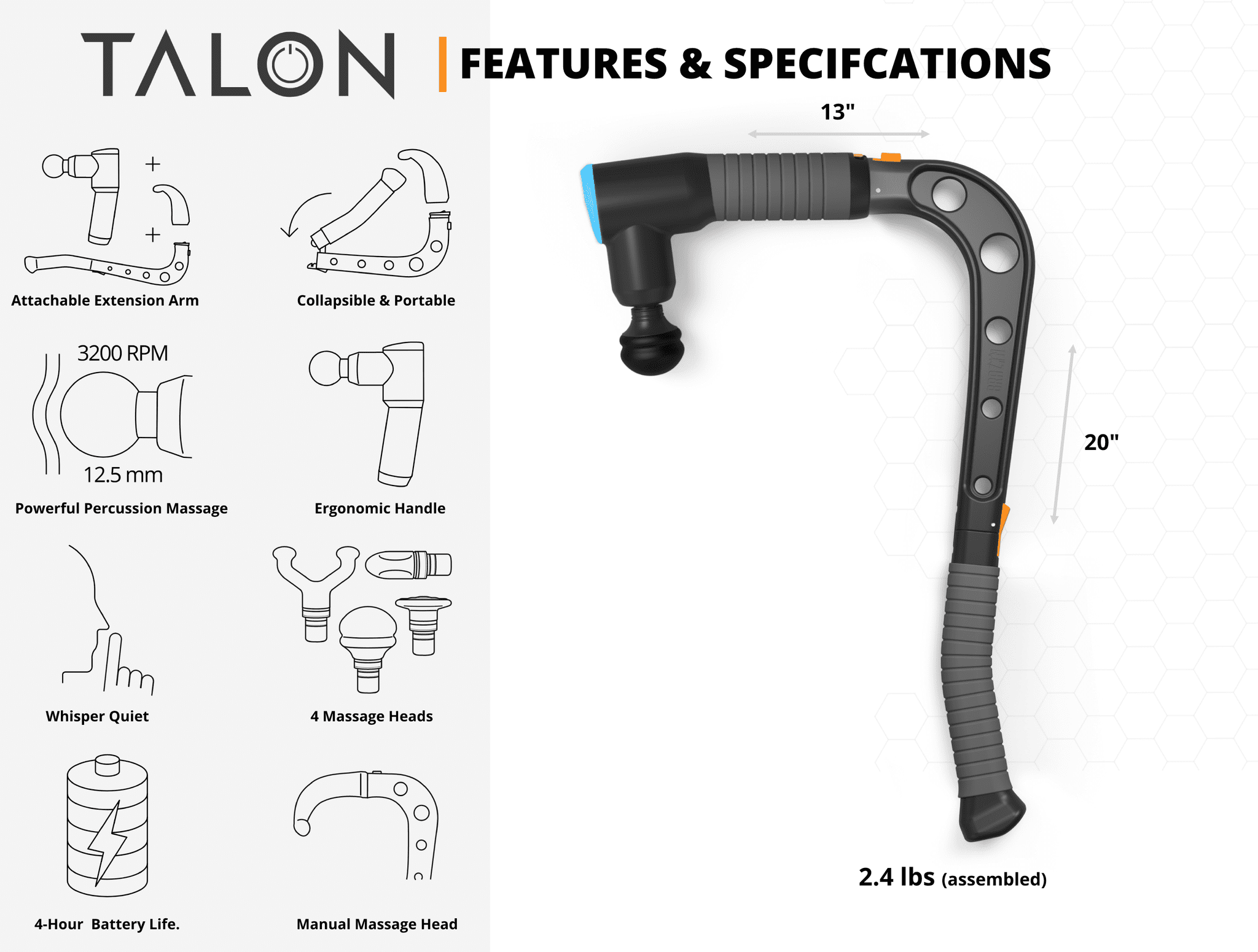 Brazyn TALON Massage System - Full-Body Electric Percussion Massage Gun / Massage Cane System for Neck and Back Pain Relief