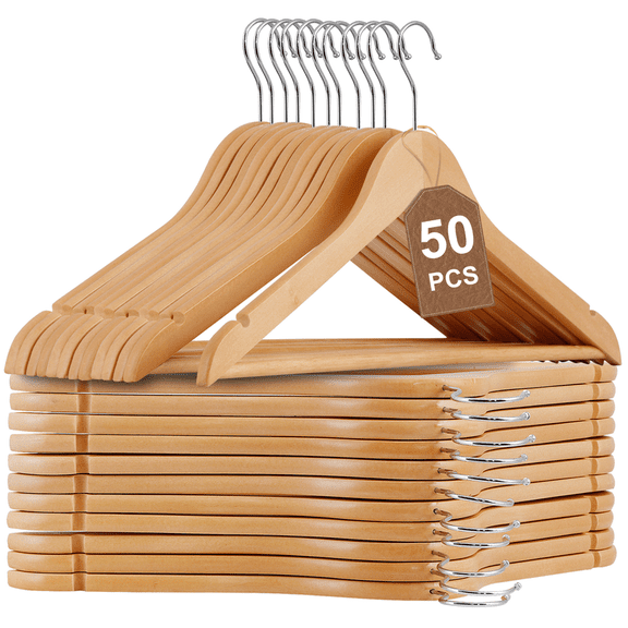 50 Pack Wooden Clothes Hangers Heavy Duty Coat Hangers Non-Slip Shoulder Grooves 360 ° Rotating Hook Natural Wood