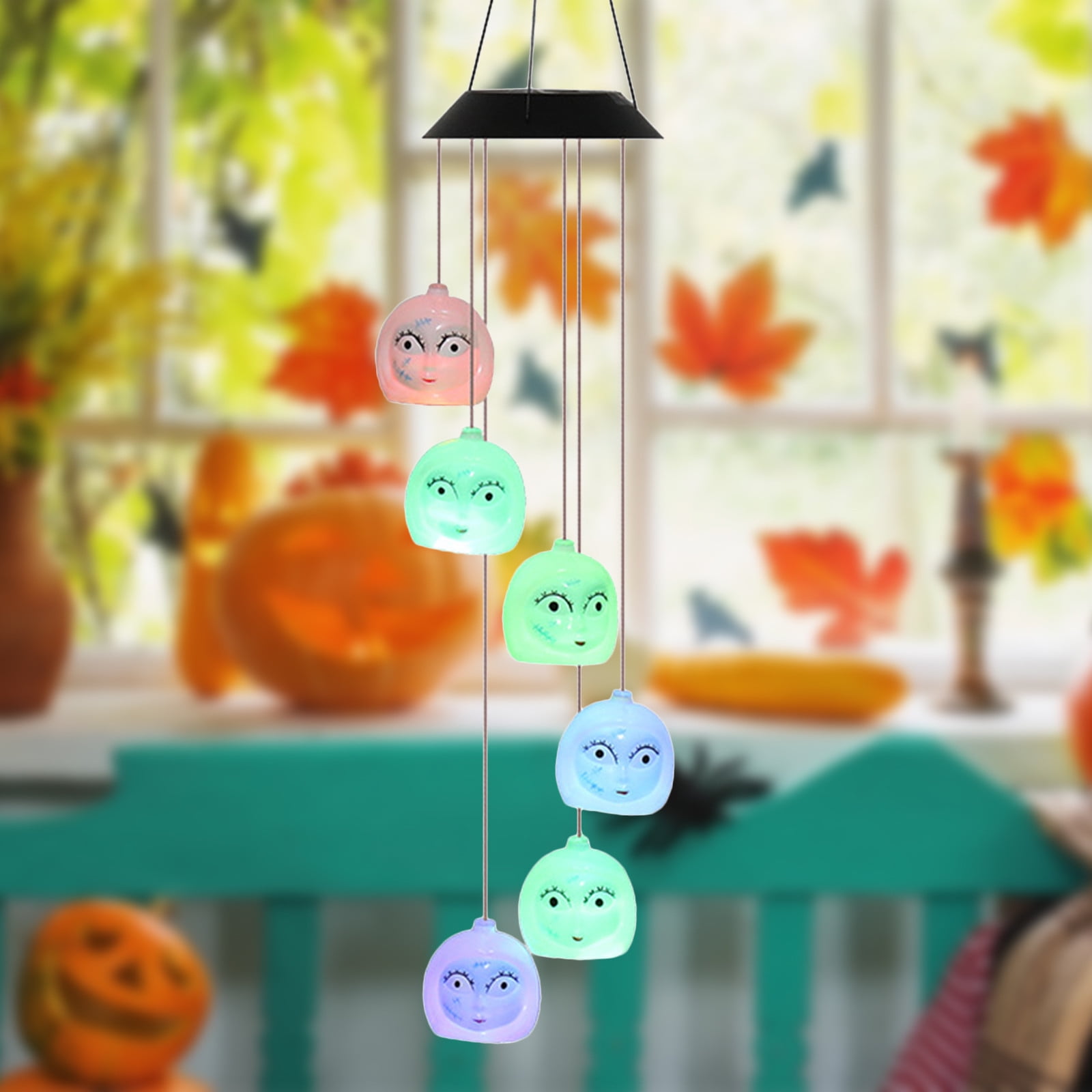 Weloille Pumpkin Solar Wind Chimes, Halloween Mobile Hanging LED Color Changing Wind Chime for Indoor and Outside Garden Patio Yard Decoration