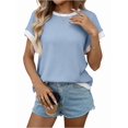 thumbnail image 2 of Women Summer Cap Sleeve Knit Tops Casual Crew Neck Color Block Trendy Tank Top Light Blue XL, 2 of 9