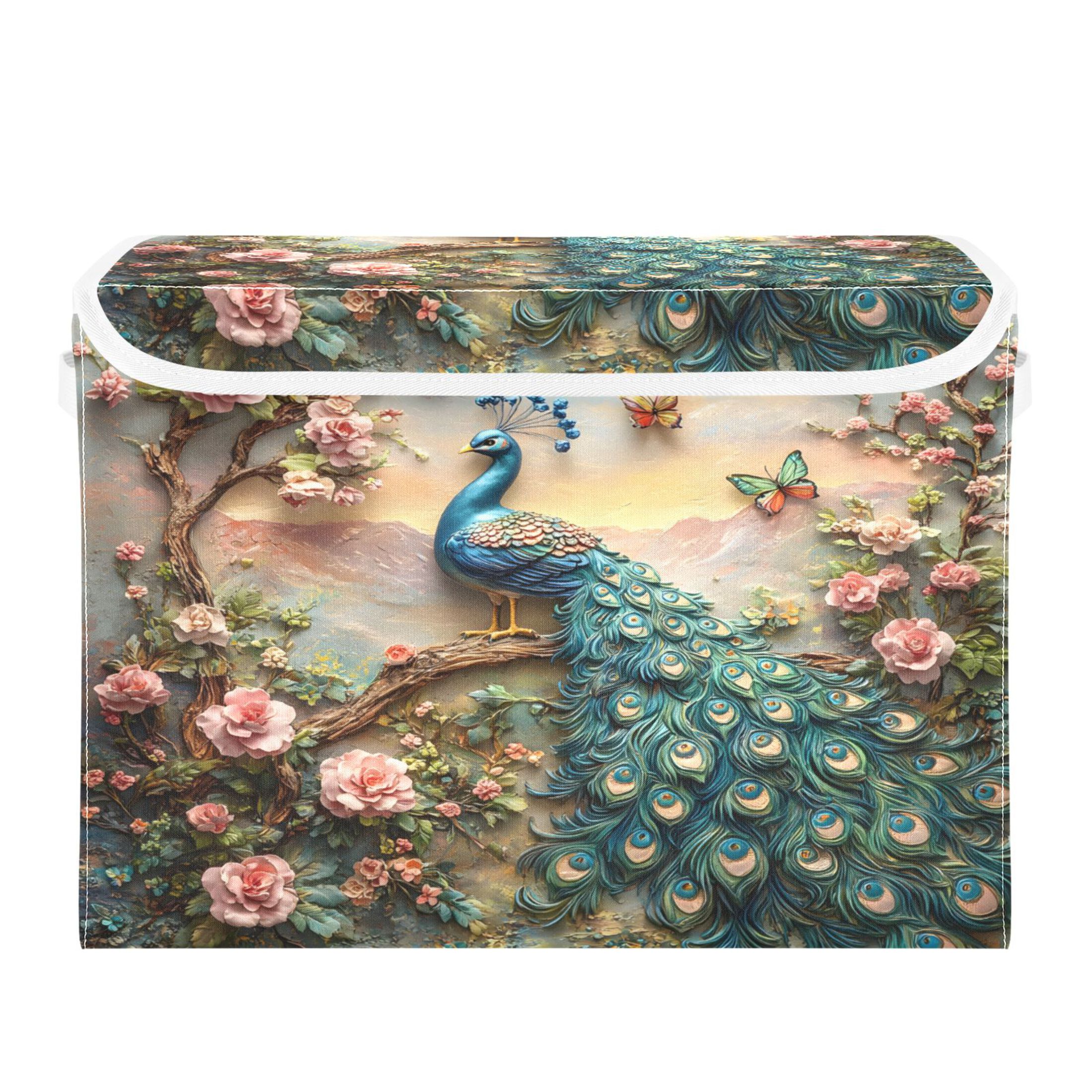 Ryvnso Peacock Butterfly Floral Large Lidded Foldable Storage Baskets Cubes Boxes Lids Bin for Home